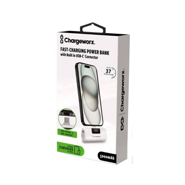 Chargeworx Mini Portable Power Bank with Built-in USB-C Connector, 5000mAh, Fast Charging - Image 2